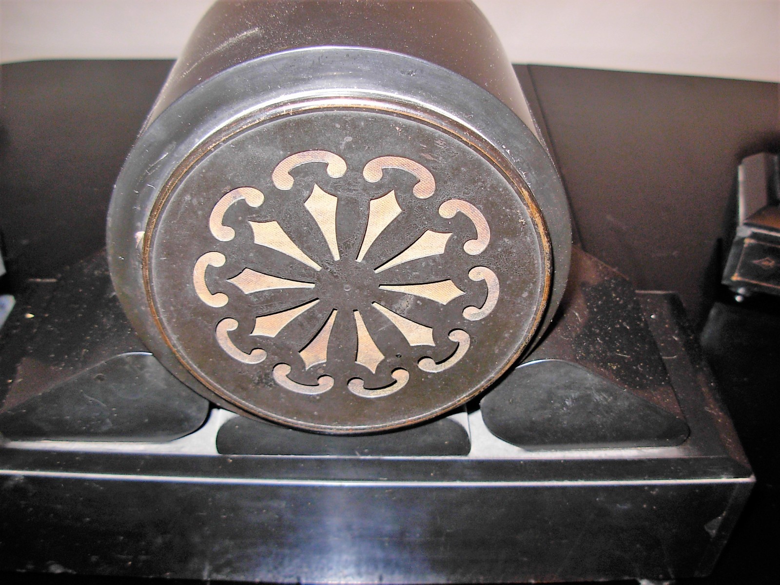 Antique European Black Slate Mantle Clock with Matching Garnitures