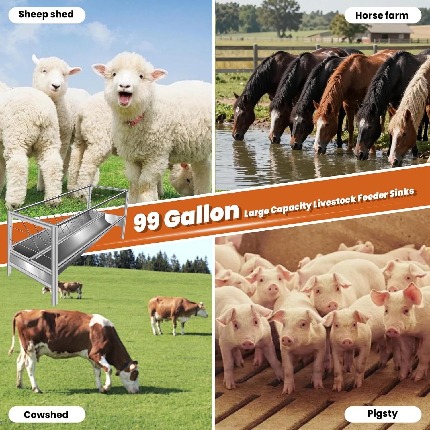 99 Gal Goat Hay Feeder 2 in 1 Stainless Steel Livestock Feed Trough with Tray