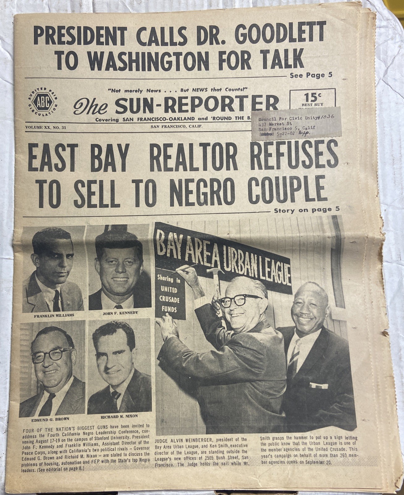 FULL Aug. 4, 1962 Black / African-American San Francisco SUN-REPORTER Newspaper