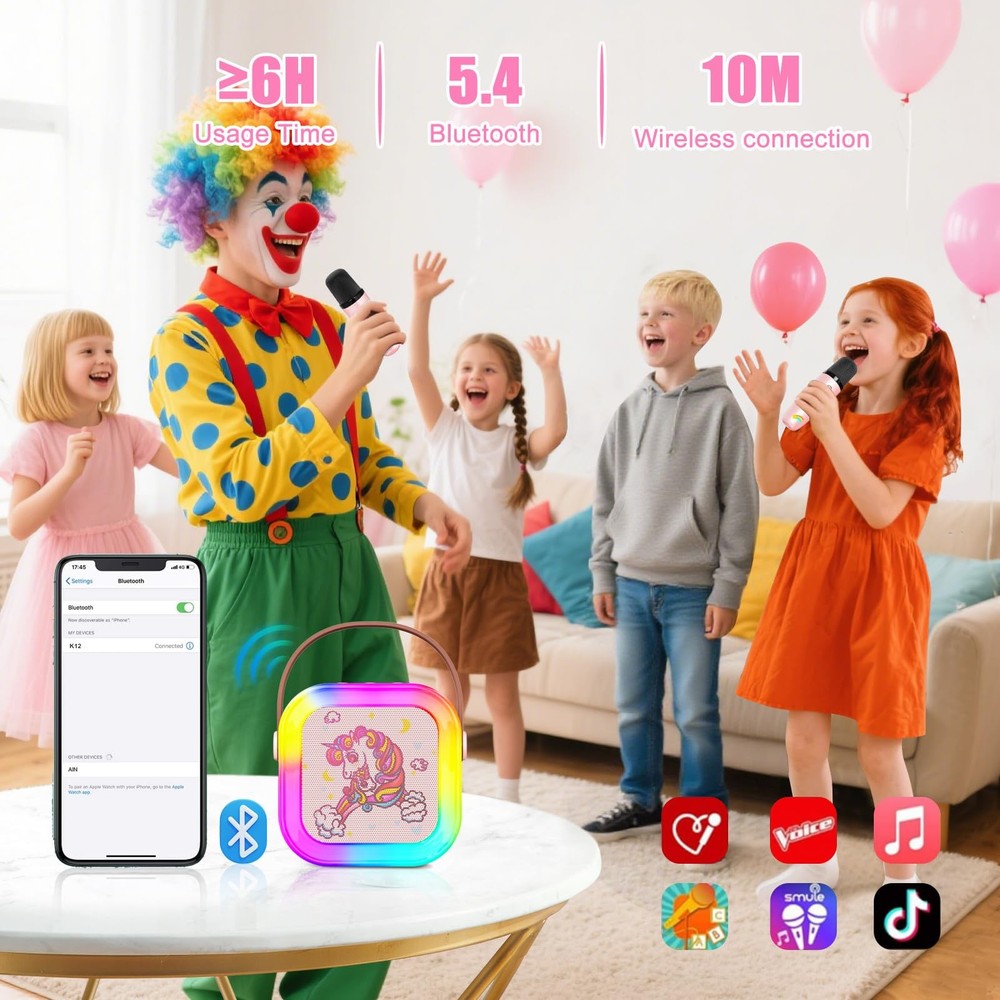 Mini Karaoke Machine for Kids: Unicorn Bluetooth Speaker with 2 Wireless Micr...