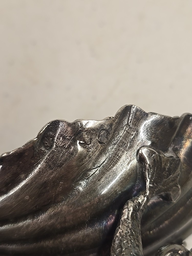 Antique Victorian Scroll Handle Dolphin Footed Silver Shell Dish Salt Dip