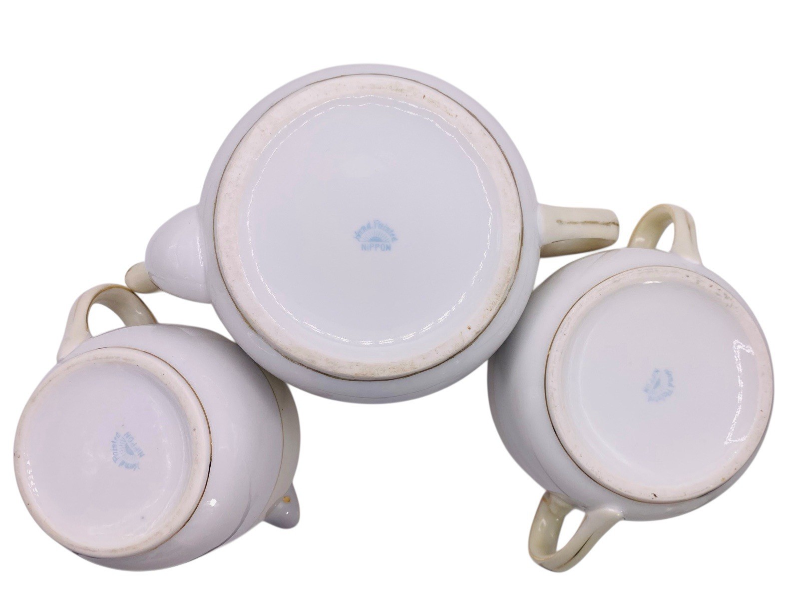 Handpainted Nippon Teapot Lid Creamer Sugar Bowl Lid Beige Gold Gilt Trim Floral