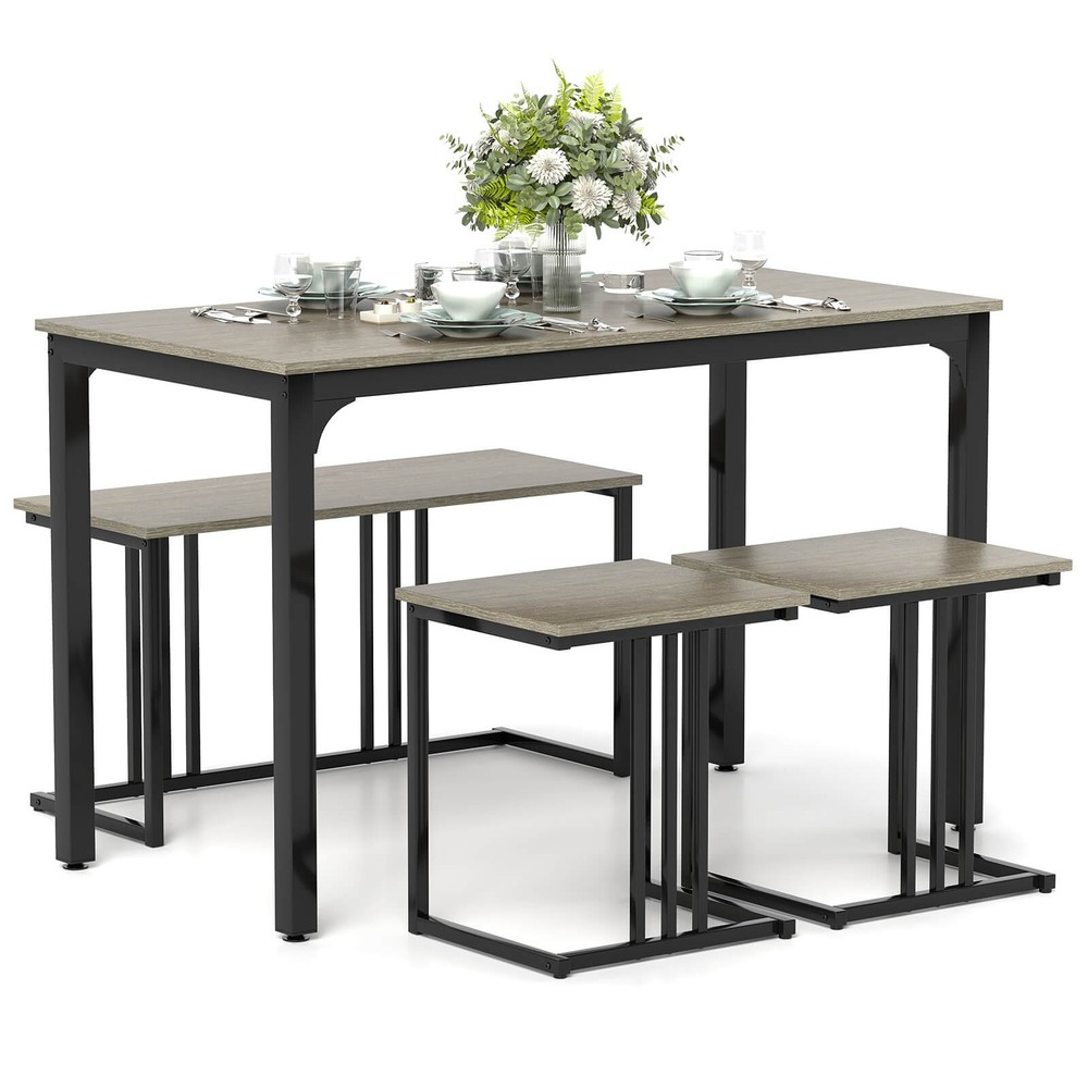 4-Piece Dining Table Set w/ Table & Bench & 2 Stools Office, Kitchen, Living