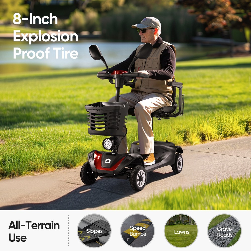 4 Wheels Mobility Scooter Long Range All Terrain LED Headlights With Two baskets