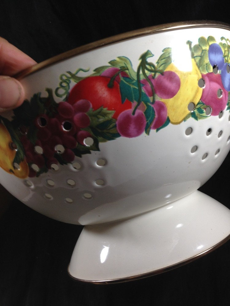 White Enamelware Footed Colander with Fruit Pattern Double Handle 11"