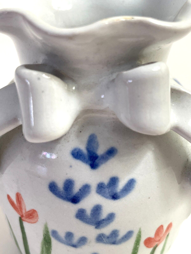 Small Studio Pottery Bud Vase Signed Painted Flowers Ceramic Bow Darling 4"