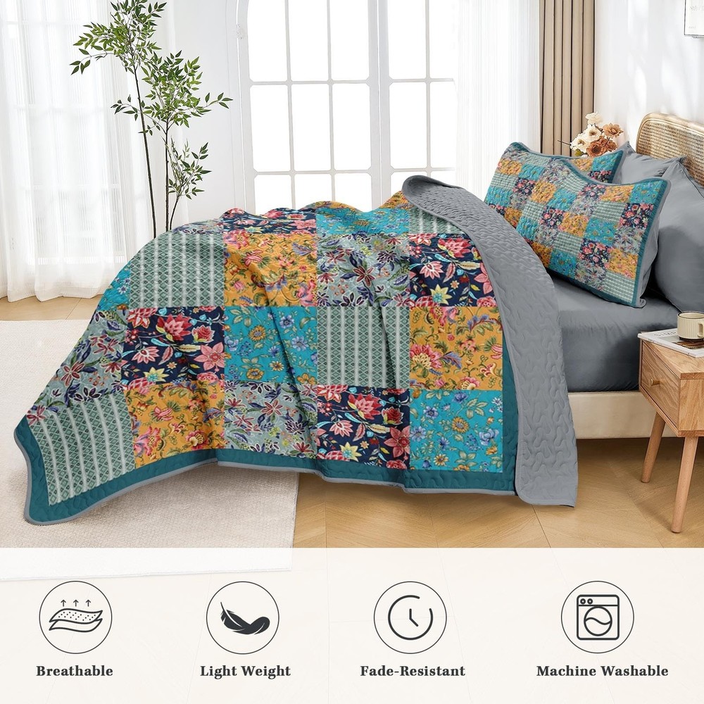 Patchwork Quilt Set Queen Size, Rustic Flowers 3 Pcs Soft Bed Cover Bedding S...