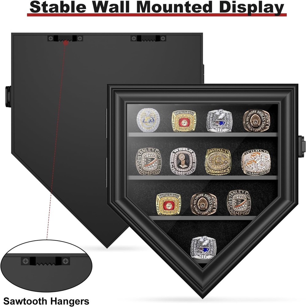 Championship Ring Display Case, 12 Posts Baseball 12 Posts-Pentagon, Black