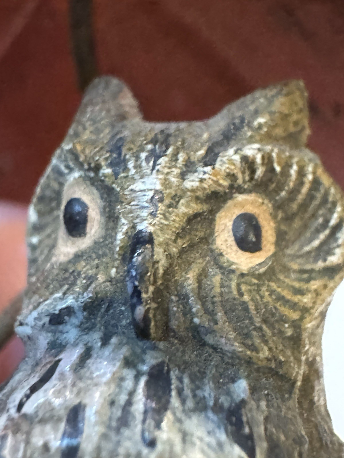 Antique Austrian Bronze Pair of Owls with Red Umbrella- Hand Painted 2in