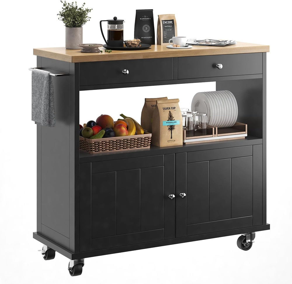 Portable Rolling Kitchen Island with Storage, 2 Drawers & Lockable Wheels