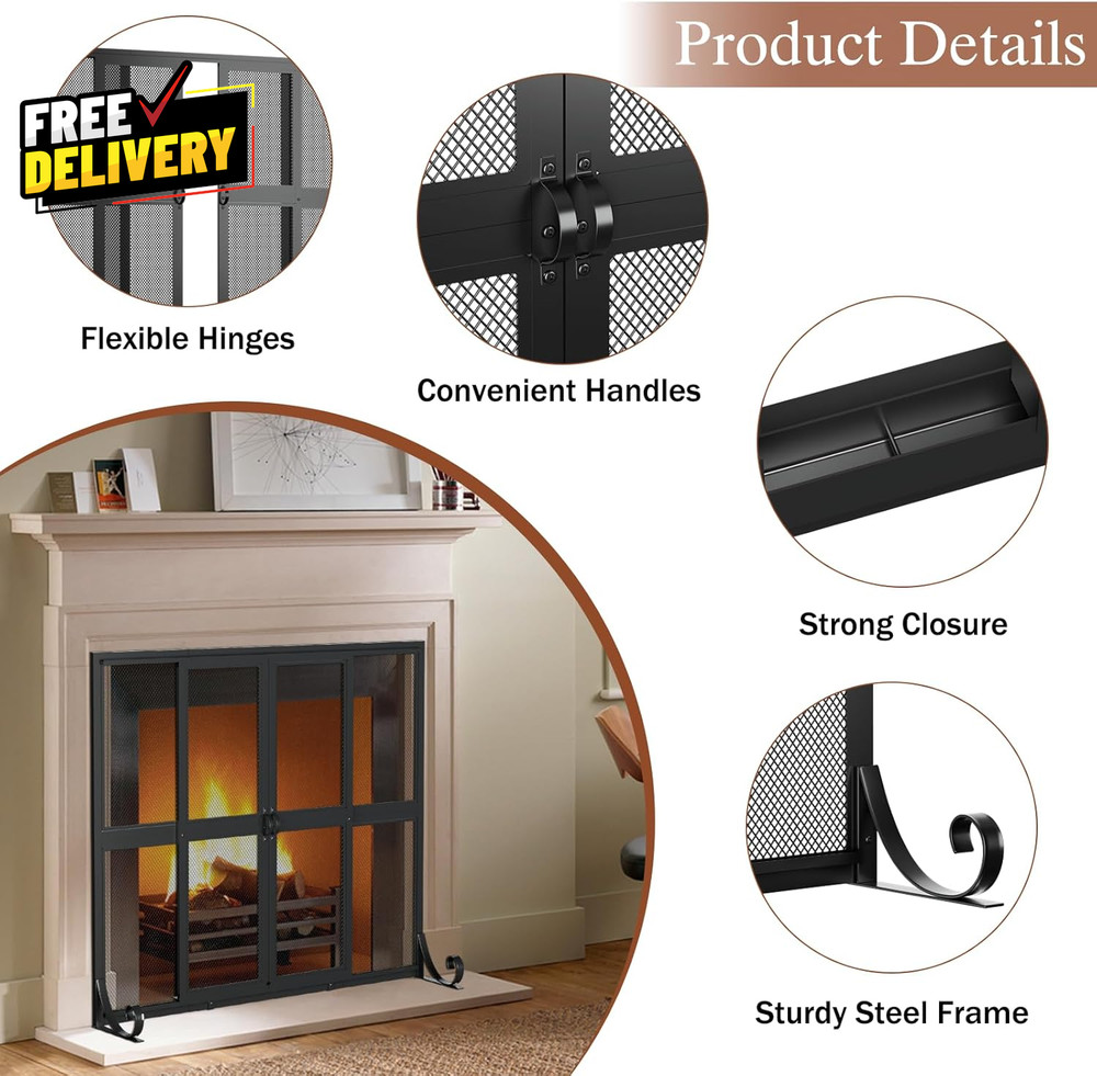 Fireplace Screen with Sliding Doors Wrought Iron Spark Guard Gate Protector