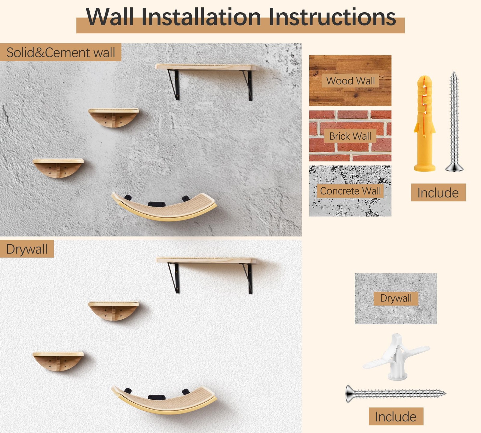 Cat Wall Shelf with Curved Hammock Bed, Wall Mounted Cat Perch with Beige Sof...