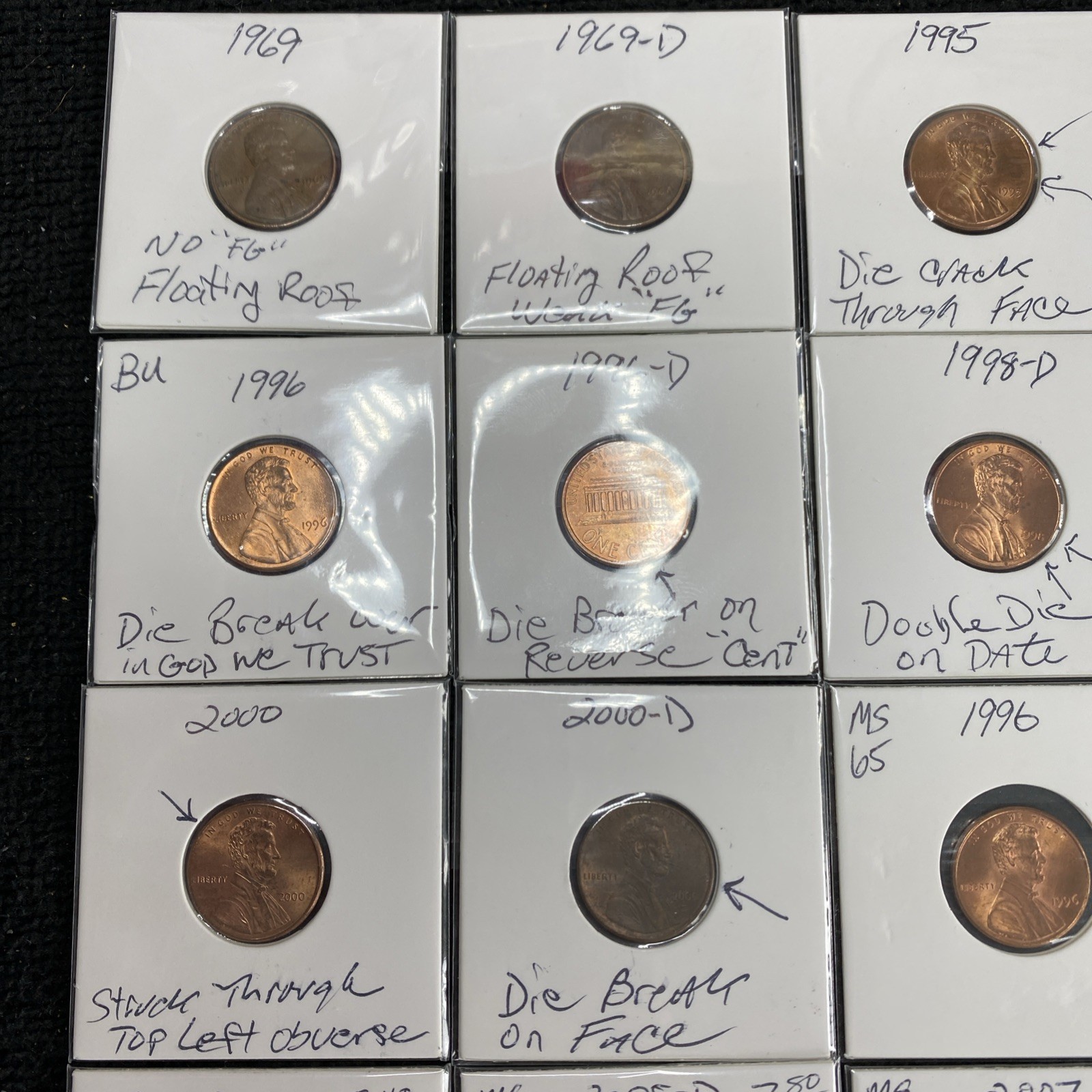 LINCOLN CENT P/D Lot of 10 Red BU 1996-2022 & A Lot of 10 1969-2000 Error Coins