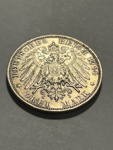 1914-D Germany/Bavaria 3 Marks/Silver/XF+ #11633