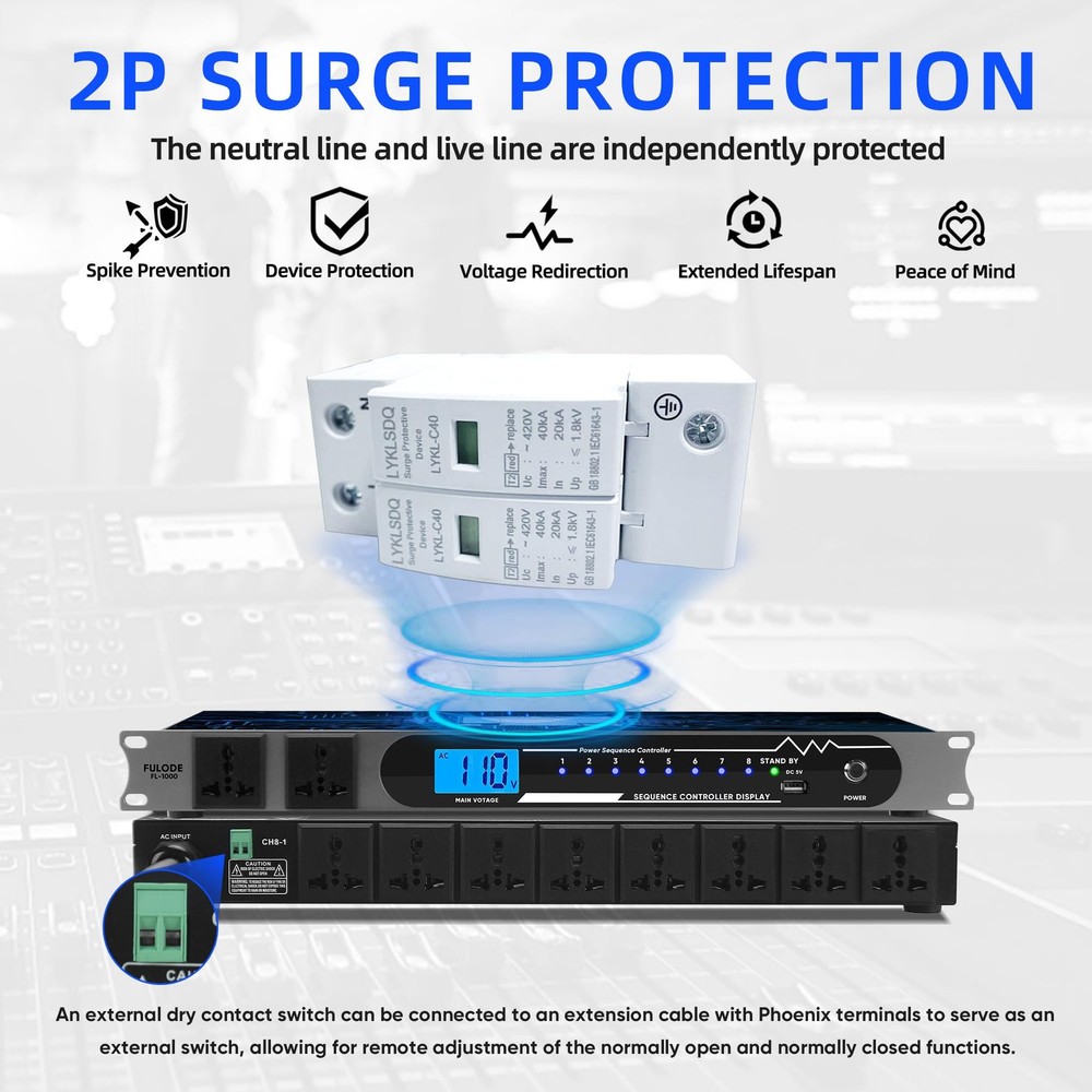 2000W 10 Socket Sequential Rack Professional Audio Power Conditioning ，Digita...