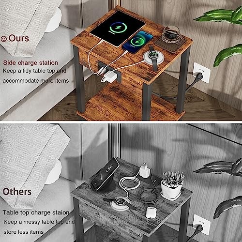 Side Table with Charging Station, Set 2 Set Rustic Brown Engineered Wood Legs