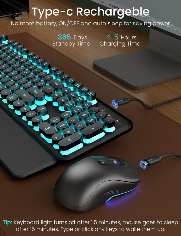 Wireless Keyboard and Mouse Backlit - Typewriter Keyboard with Detachable Wri...