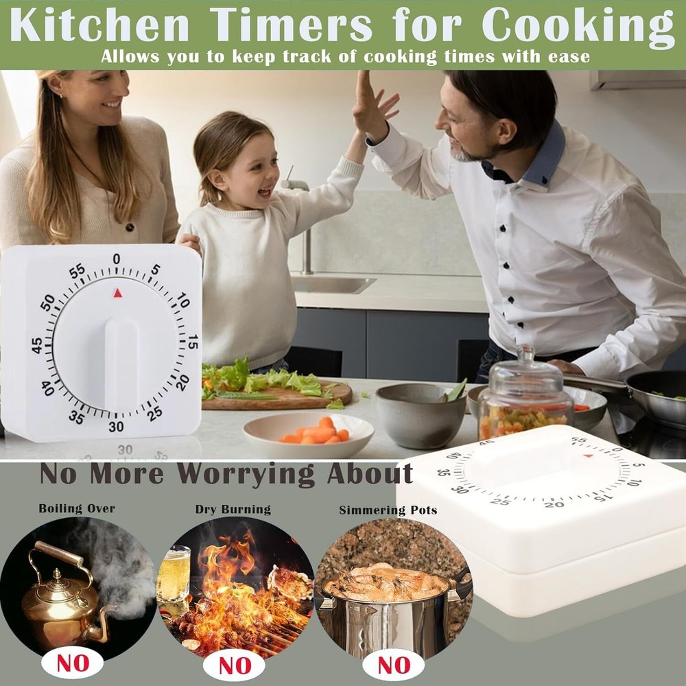 1/2x Square 60-minute Mechanical Kitchen Timer Battery-free Learning Alarm Clock