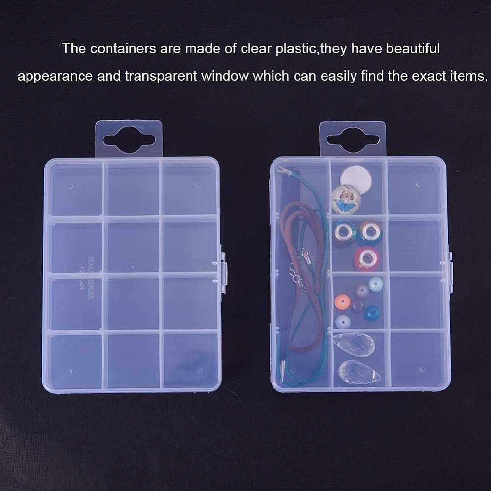 1set Plastic Bead Storage Containers Stationary 12 Compartments Rectangle Clear