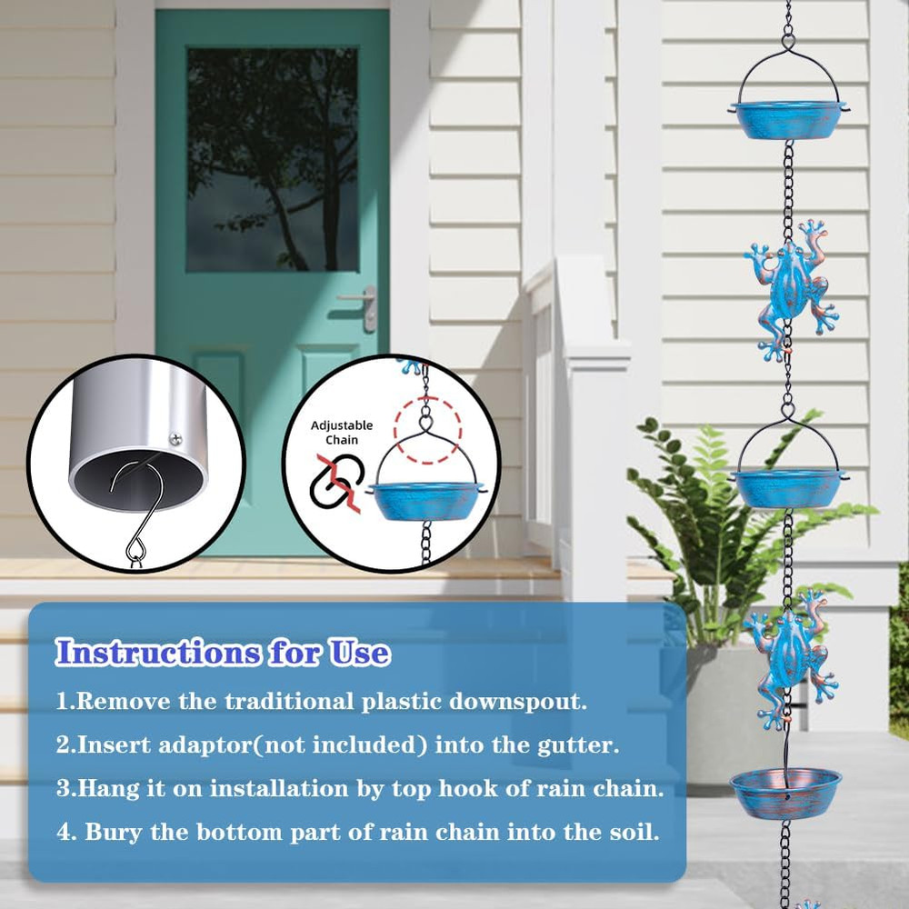 Rain Chain, 11.4FT Frog Rain Chains with 12 Cups, Functional and Decorative Repl