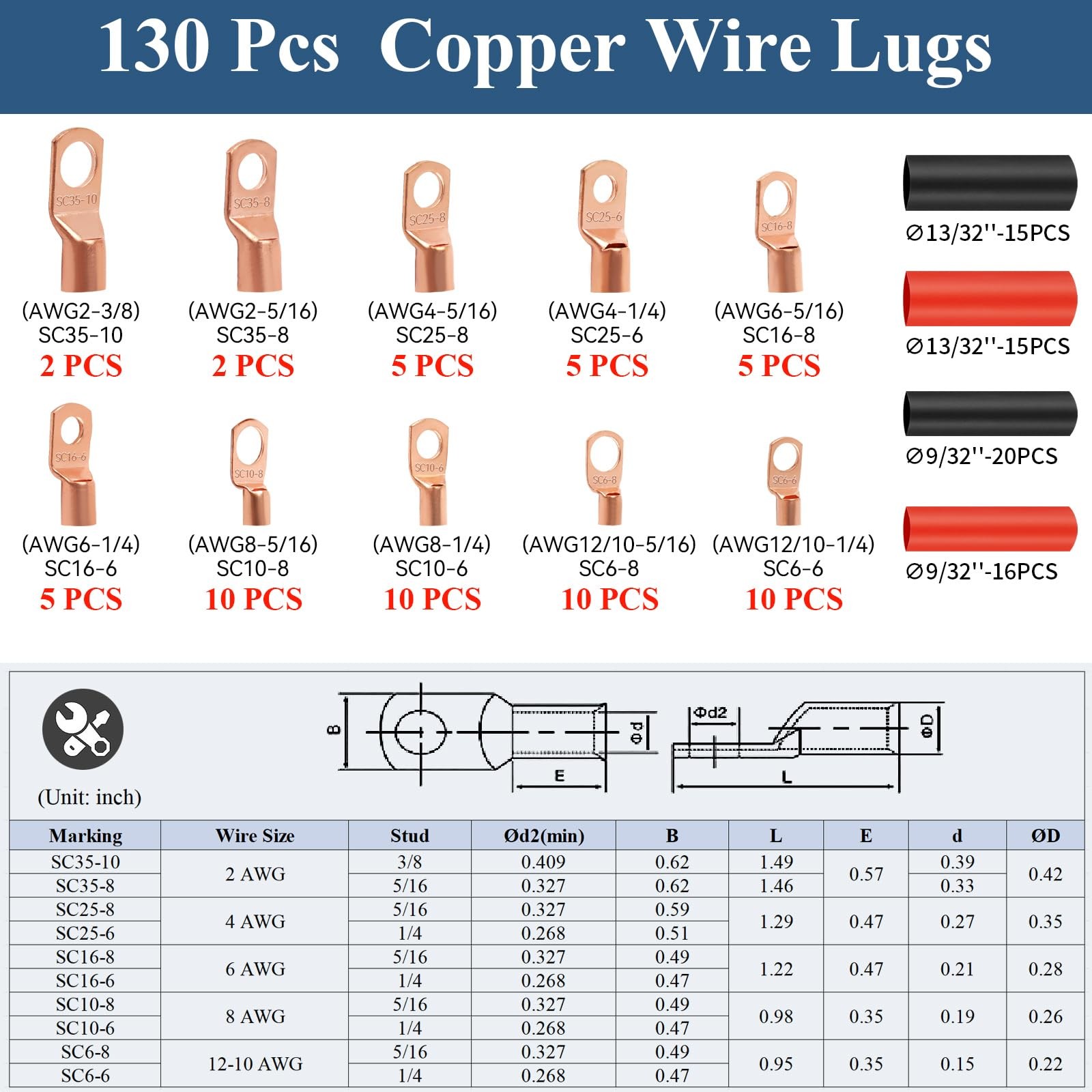 Copper Wire Lugs 130Pcs, AWG 2 4 6 8 10 12 Gauge Battery Cable Ends with 66Pc...