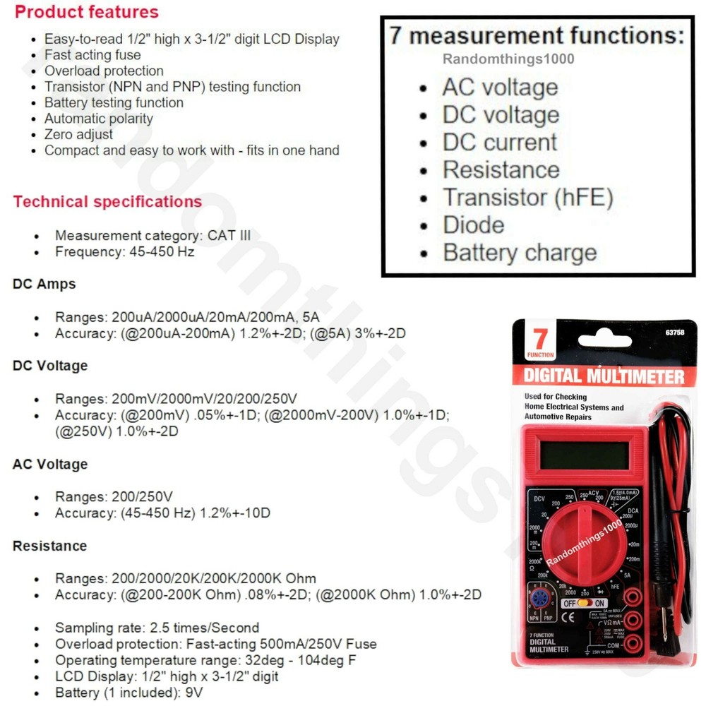 Digital Multimeter Battery Tester Voltmeter Voltage Tester OMH 7 Function Meter