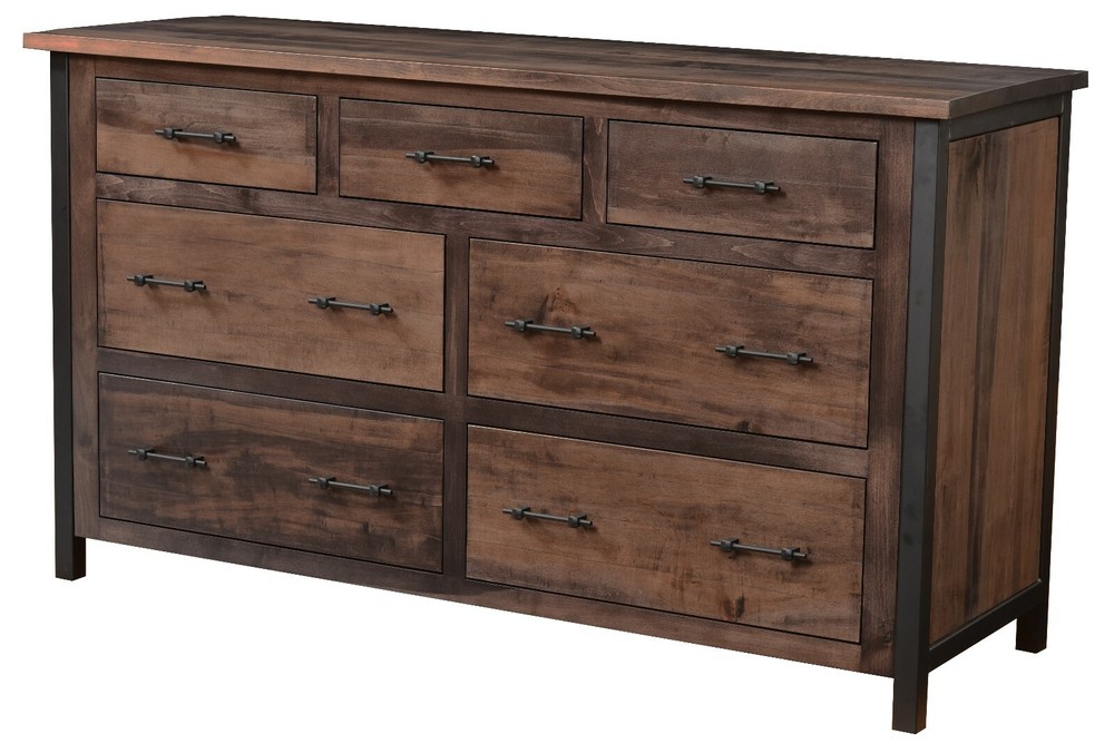 Amish 5-Pc Bedroom Set Rustic Industrial Solid Wood Black Metal Posts Queen King