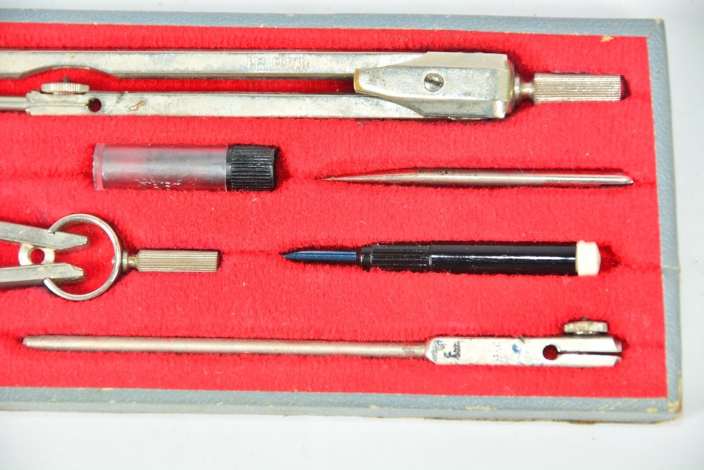 Vintage Drawing Set HELLERMAN Compass Dividers Extension 2 Extra Points