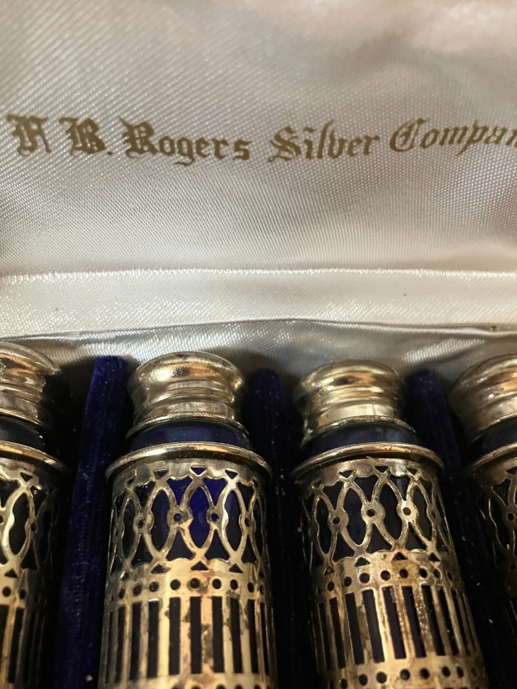 F B Rogers Silver Co Silverplate & Cobalt Blue Glass Salt & Pepper Shakers Japan