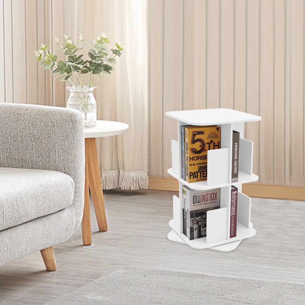 360° Rotating White Bookshelf - 2 Tier Space-Saving Corner Bookcase
