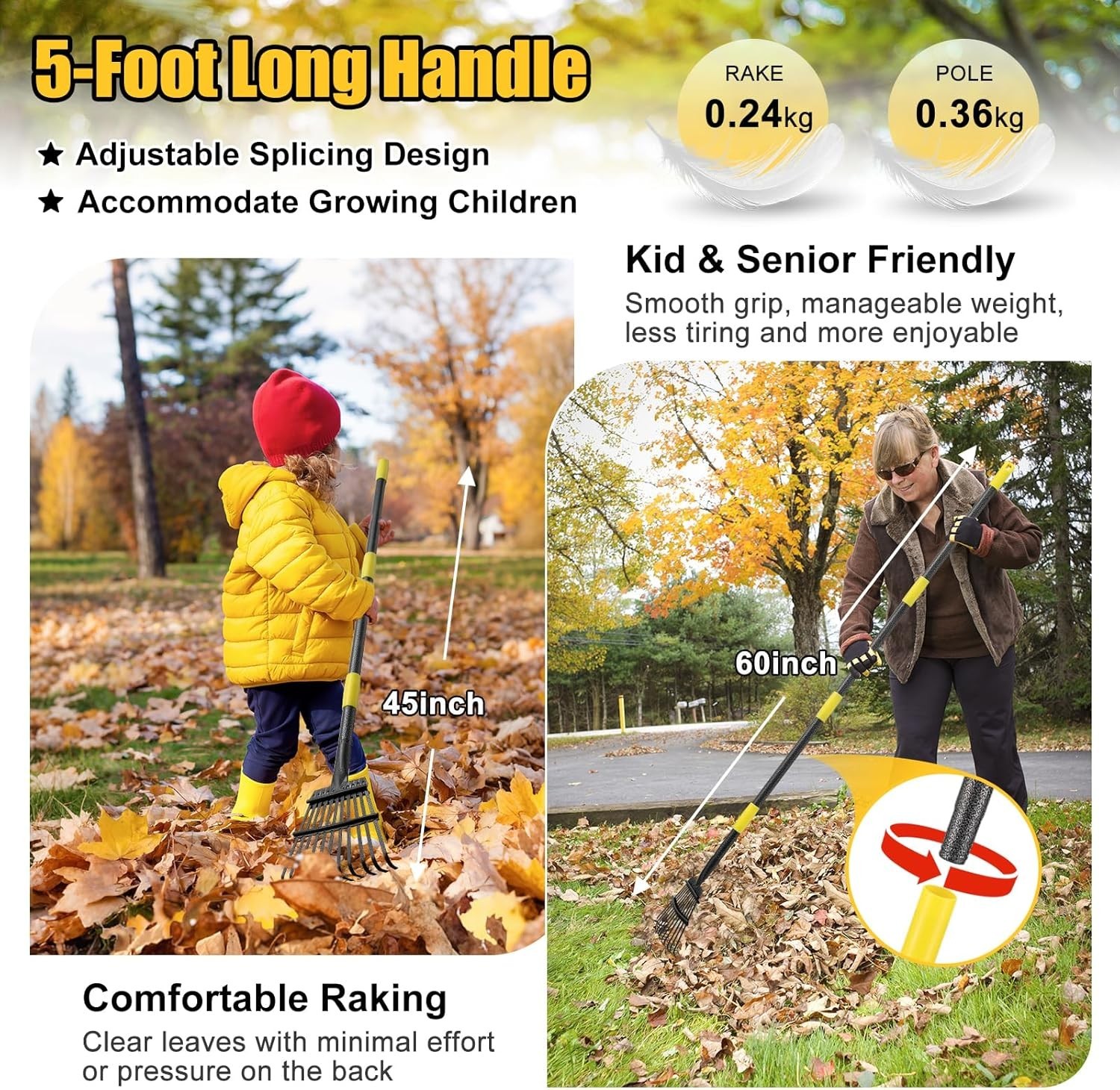 Heavy Duty Garden Leaf Rake 8.5" Wide Extendable Handle Compact Steel