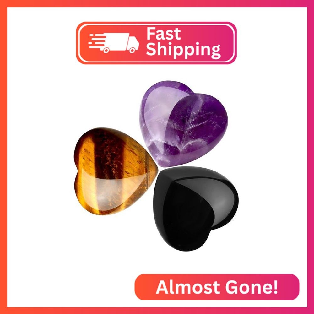 QINJIEJIE 3 PCS 1.2" Large Heart Crystals Amethyst Obsidian Tigers Eye Natural H