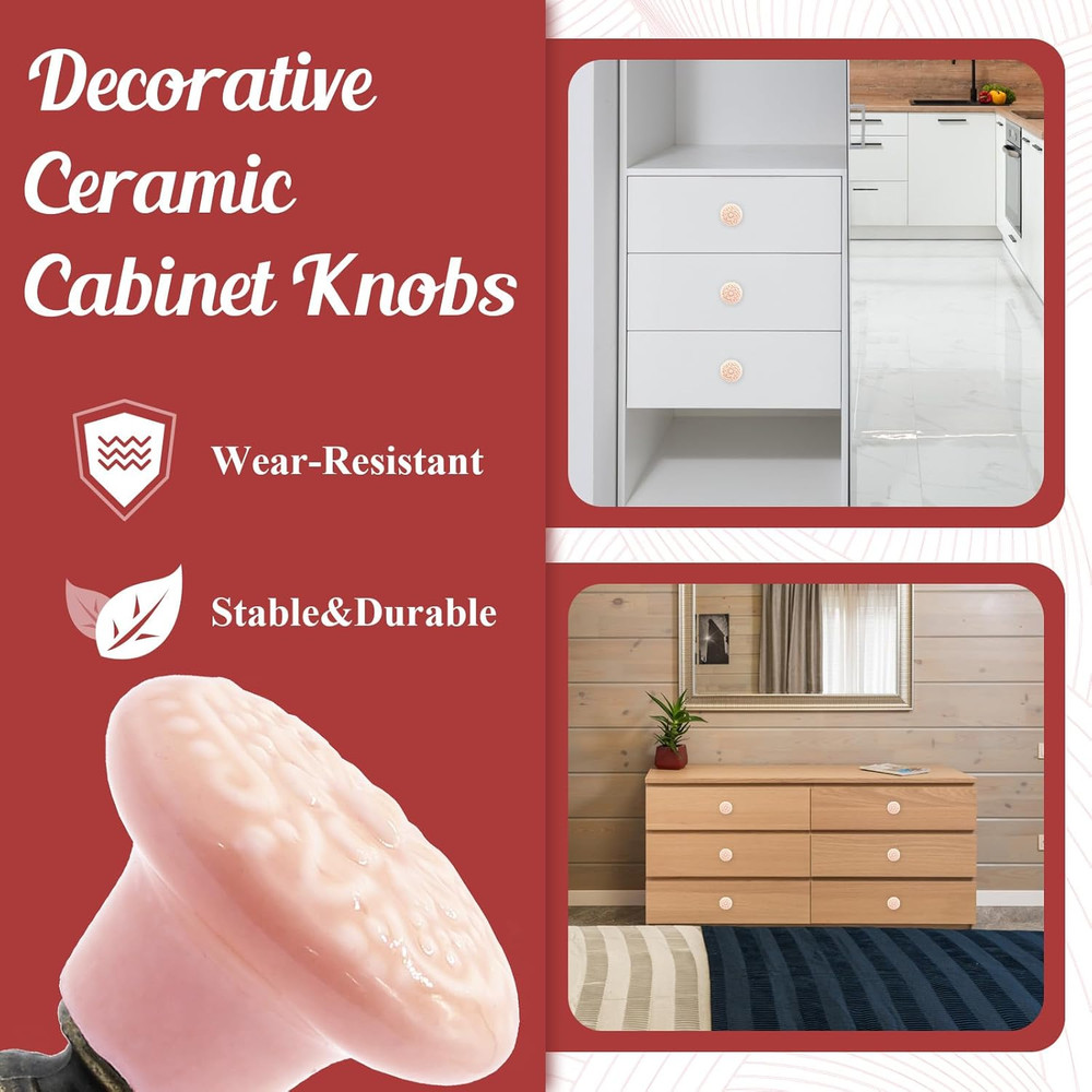 8pcs Pink Vintage Ceramic Kitchen Cabinet Knobs & Pulls - Retro Drawer Handles f