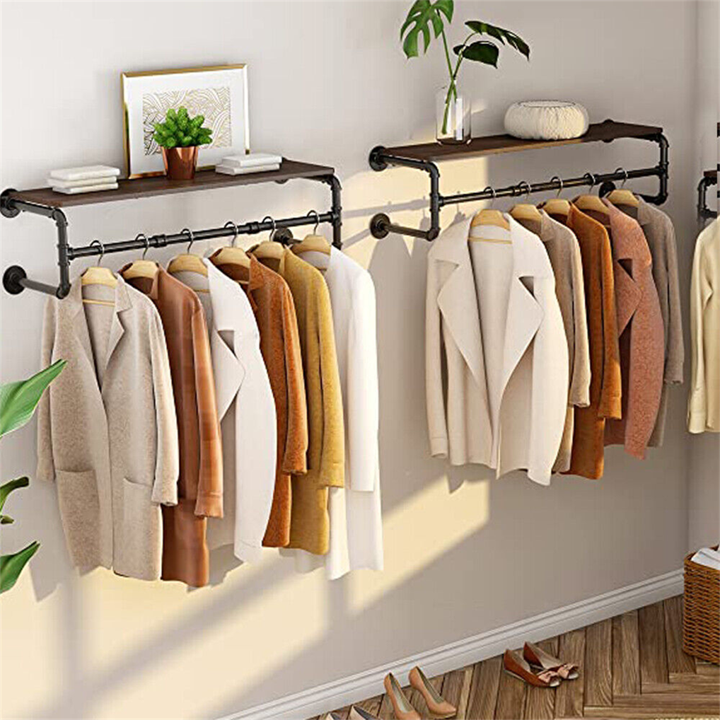 Clothes Rack w/ Top Shelf Industrial Pipe Wall Mounted Garment Rack Hanging Rail