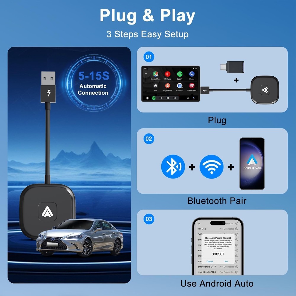 Android Auto Wireless Adapter for Wired Android Auto Cars Converts ... Fast Ship