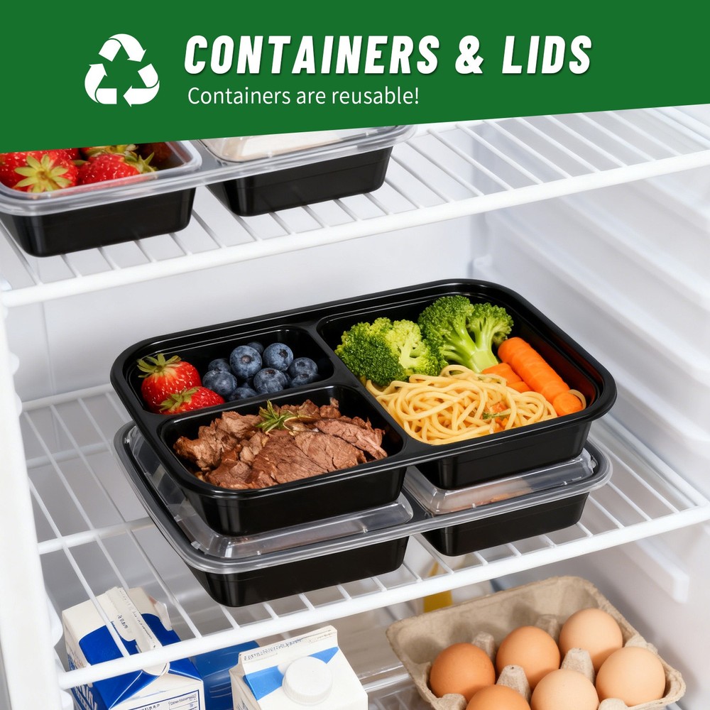 50Packs 39oz 3-Compartment Containers Leakproof Stackable Takeout/Picnic