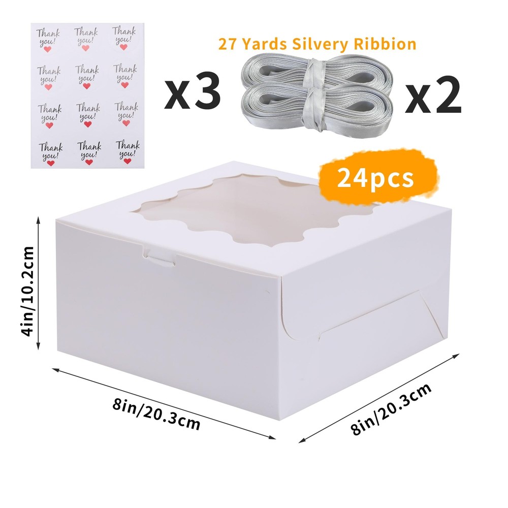 White Bakery Boxes Cake Boxes with Window 24pcs 8x8x4 Inches Cookie Boxes Pas...