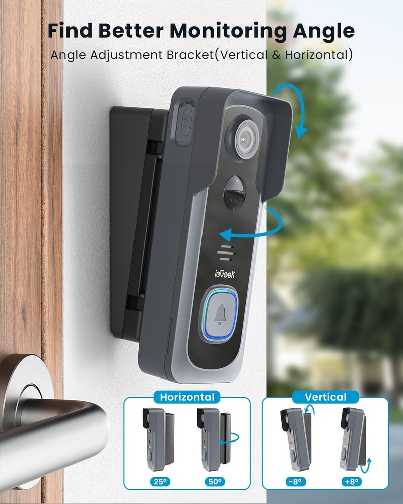 ieGeek Wireless Doorbell Camera No Subscription with Adjustable Angle Grey
