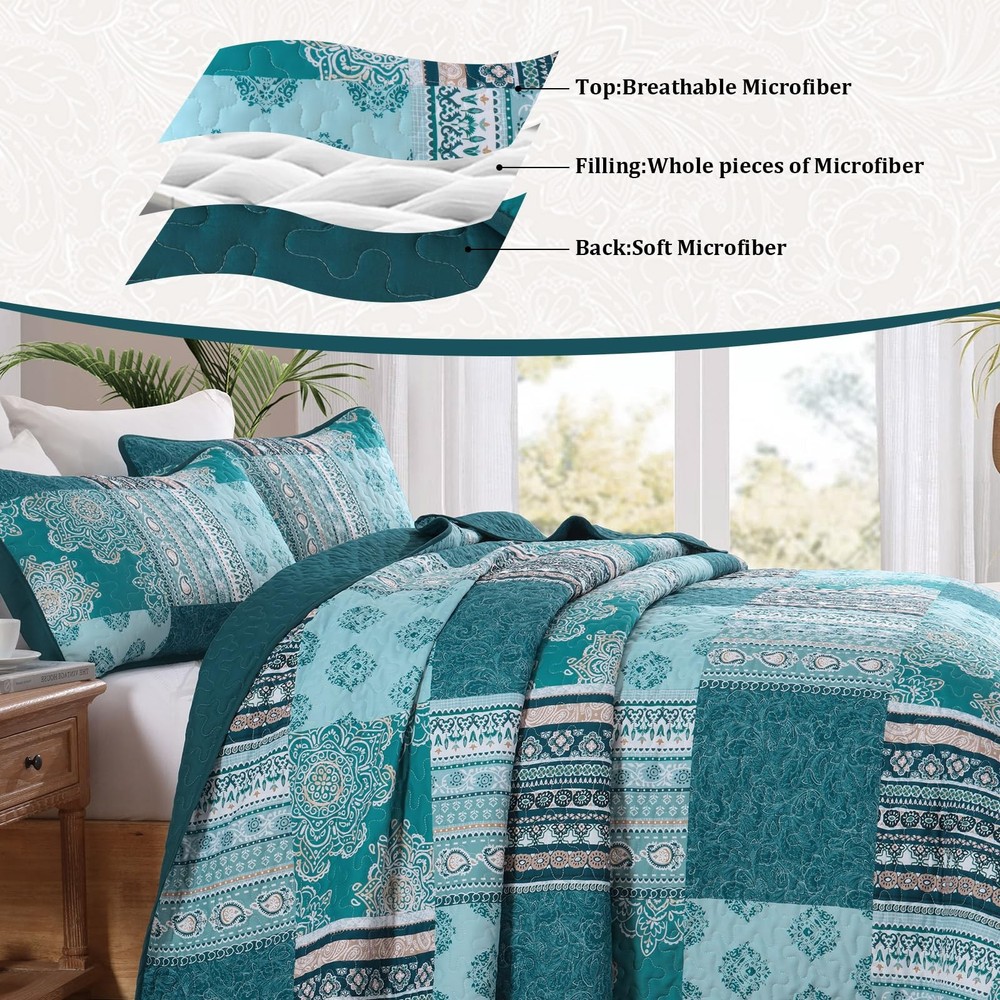 Dintszyayue Teal Patchwork Quilt Set King Size,3 Pieces Turquoise Boho Bedspread