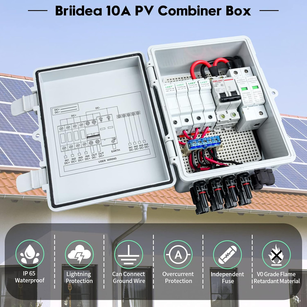 Solar Combiner Box, 4-String PV Combiner Box with 10A Circuit Breakers & Lightn