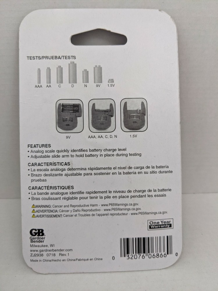 Battery Charge level Checker Tester AA AAA C D 9V N Button Cell Gardner Bender