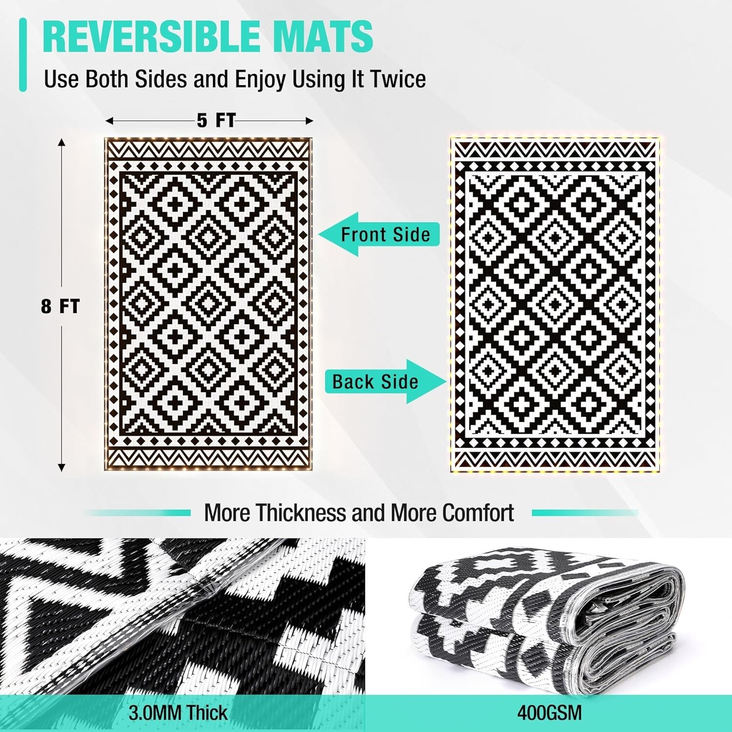 HAUSHOF 5'X8' Outdoor Rug Waterproof with LED Strip Light Black&White for Porch