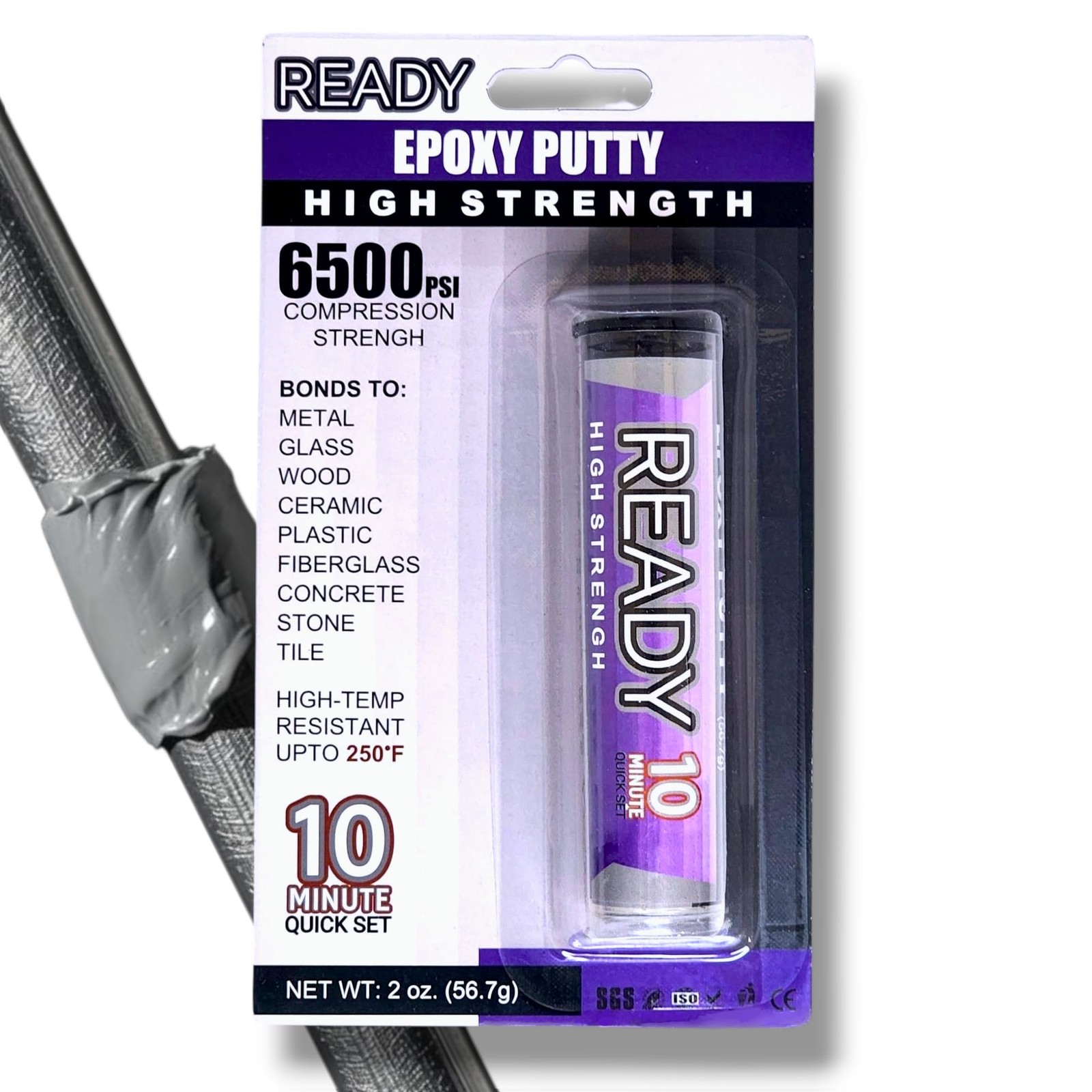 Ready High Strength Premium Epoxy Putty, 10 Minute Quick Set, Gray when mixed