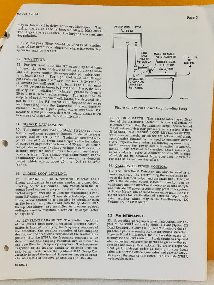HP 02135-2 Model X781A Directional Detector Operating Note Manual.