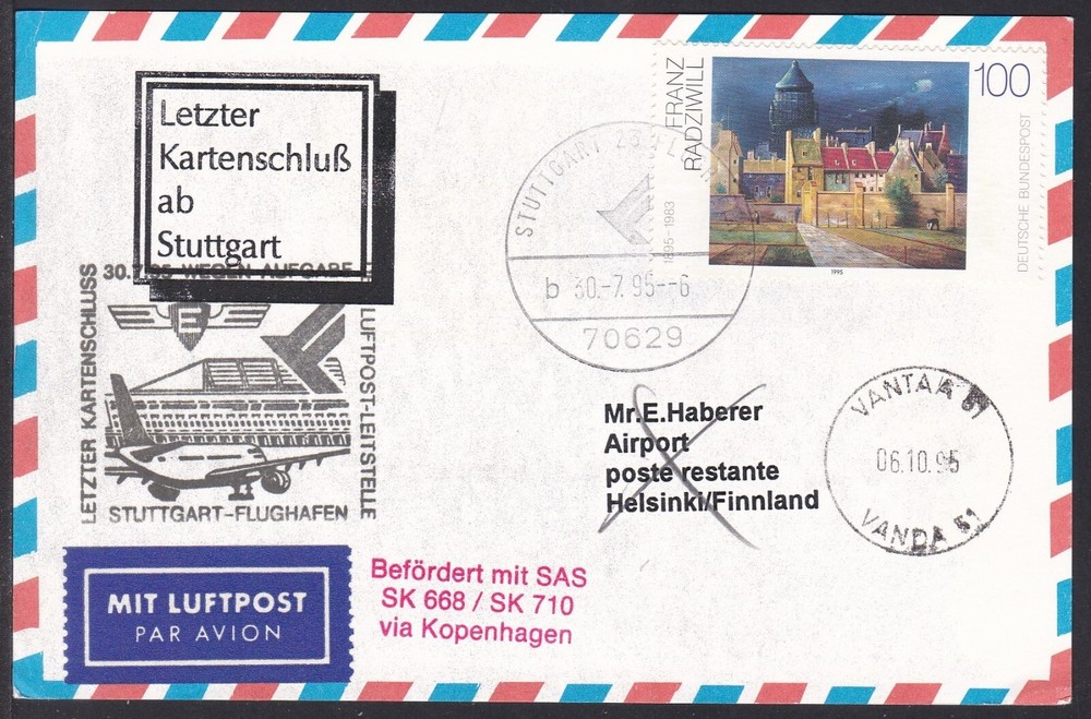 FCV0154 Flight Card, Germany, Stuttgart - Vantaa, Plane Postmark
