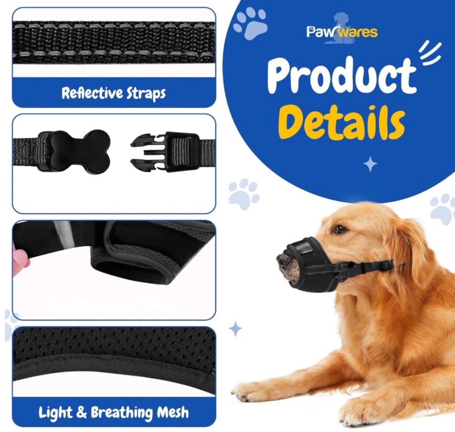 PawWares Dog Muzzle Soft Nylon Adjustable-Breathable-Drinkable | BLACK X-LARGE