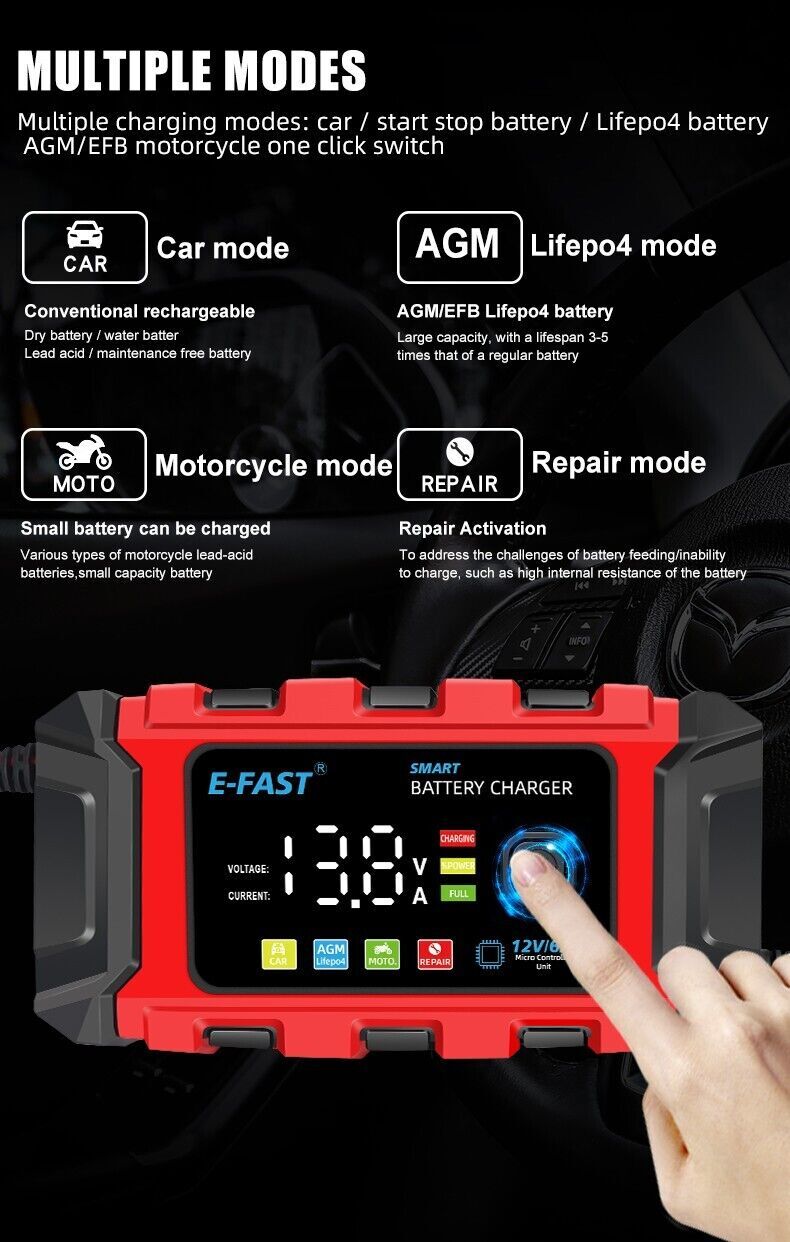 12V Smart Car Battery Charger Automatic Lifepo4 Repair Maintainer Trickle
