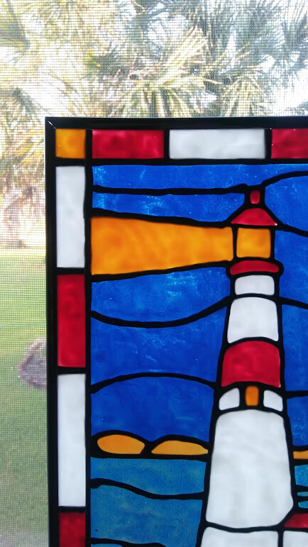 Lighthouse Nighttime Stained Glass Window Panel Hand Painted