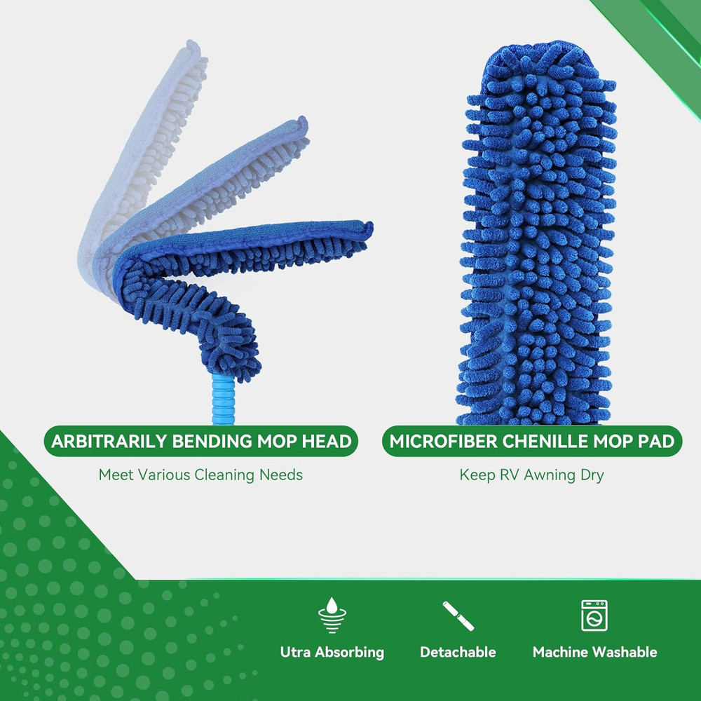 RV Awning Cleaner, Bendable Mop-Head, Hyper-Absorbent Pad, Extendable Pole, Non-