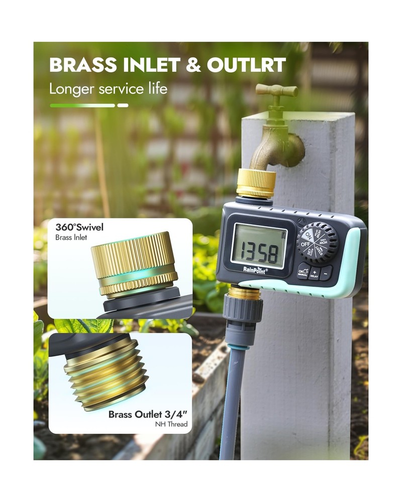 RAINPOINT Sprinkler Timer with Brass Inlet & Outlet, Programmable H... Fast Ship